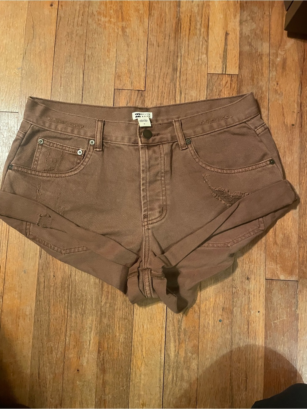 Distressed Billabong Women's Brown Rolled-Hem Denim Shorts